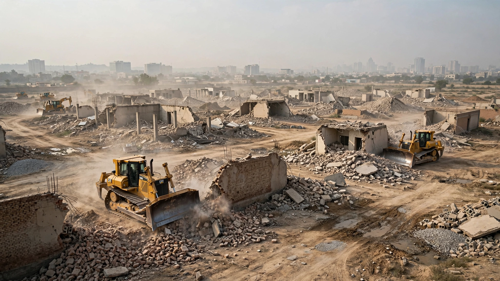 Bulldozers demolishing illegal housing society structures on the outskirts of Lahore