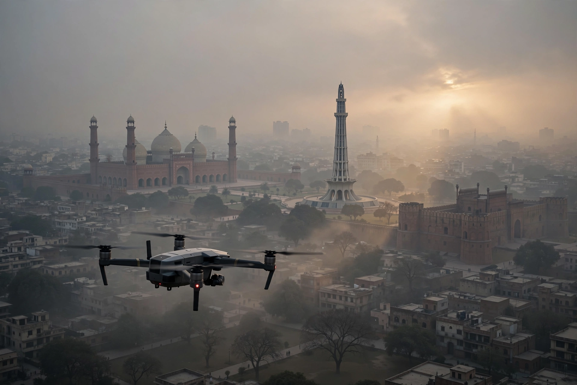 A drone flying over a smoggy Lahore skyline at dusk while enforcement teams patrol below