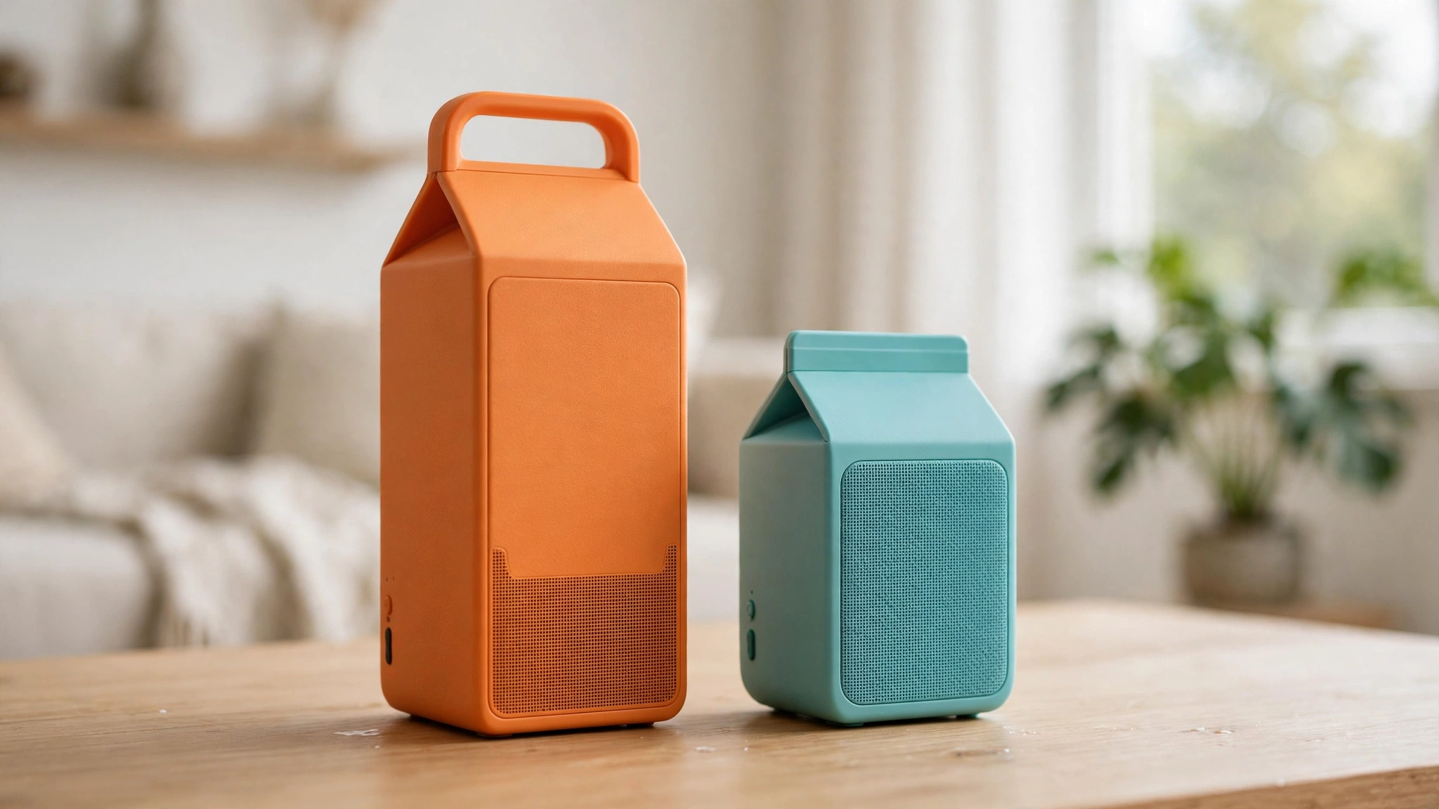 Two milk-carton-shaped CMF Bluetooth speakers in orange and turquoise on a table, one tall and one compact, in a bright modern room