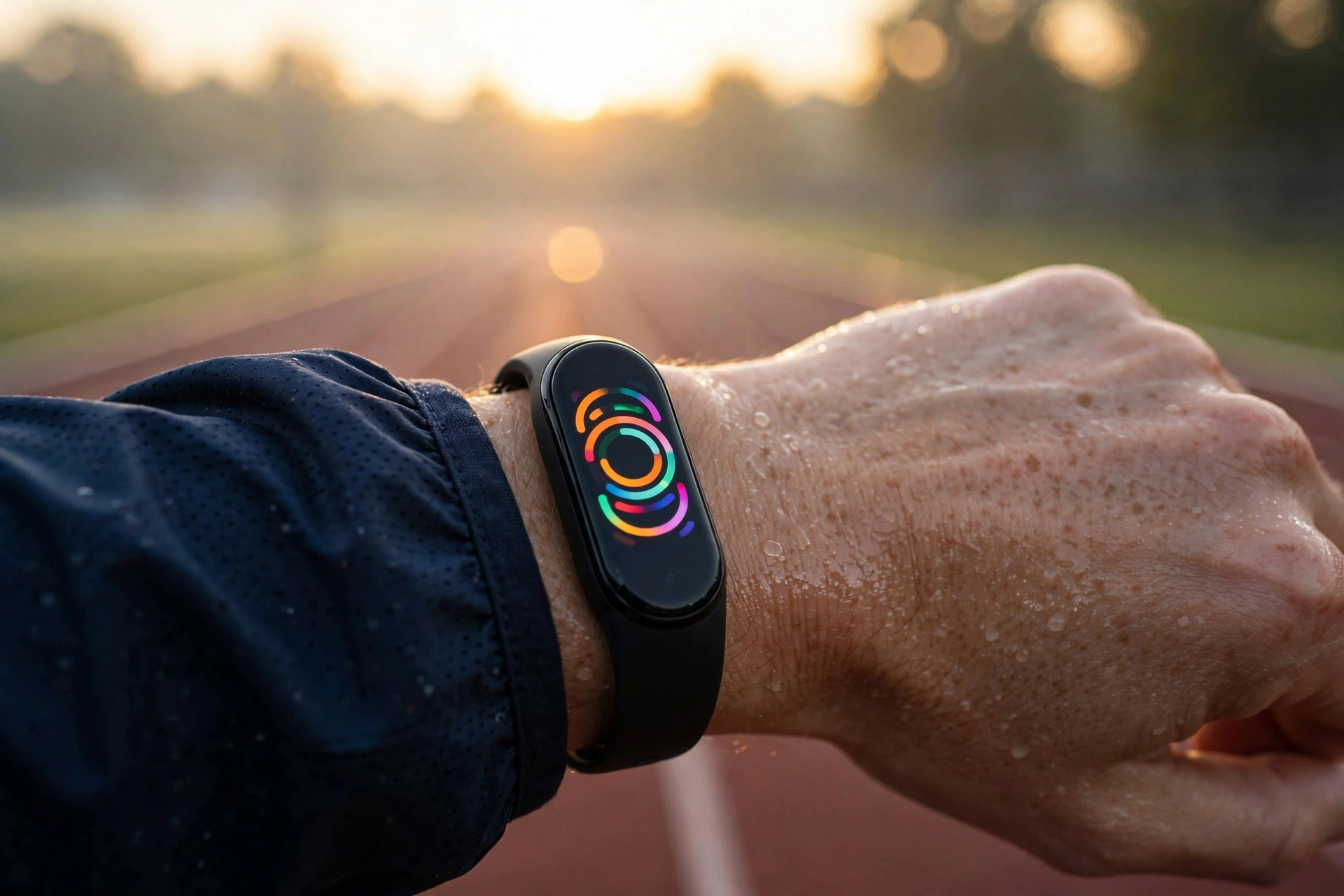 A slim fitness tracker with a bright OLED display showing workout stats on a runner's wrist during an outdoor morning run