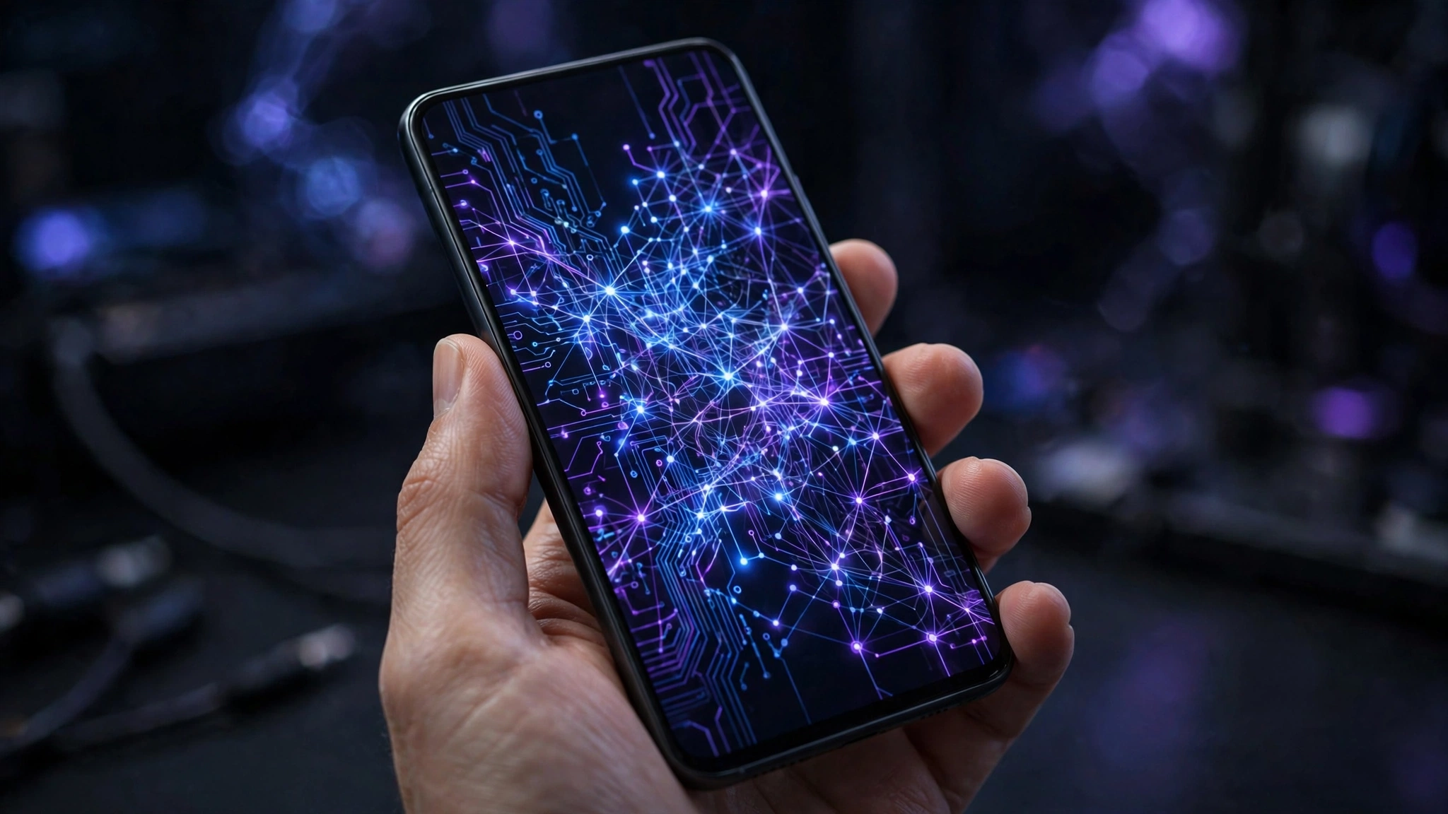 A close-up of a modern smartphone displaying glowing AI neural-network circuitry, held in a hand, against a dark blue background