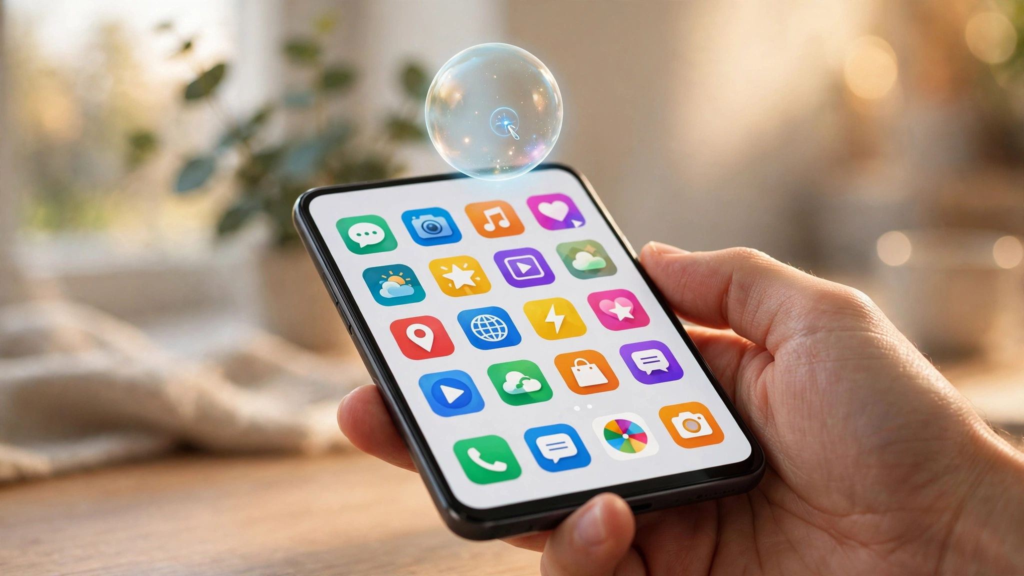 A hand holding an Android smartphone showing a floating chat bubble overlay while an AI assistant interacts with app icons on the screen