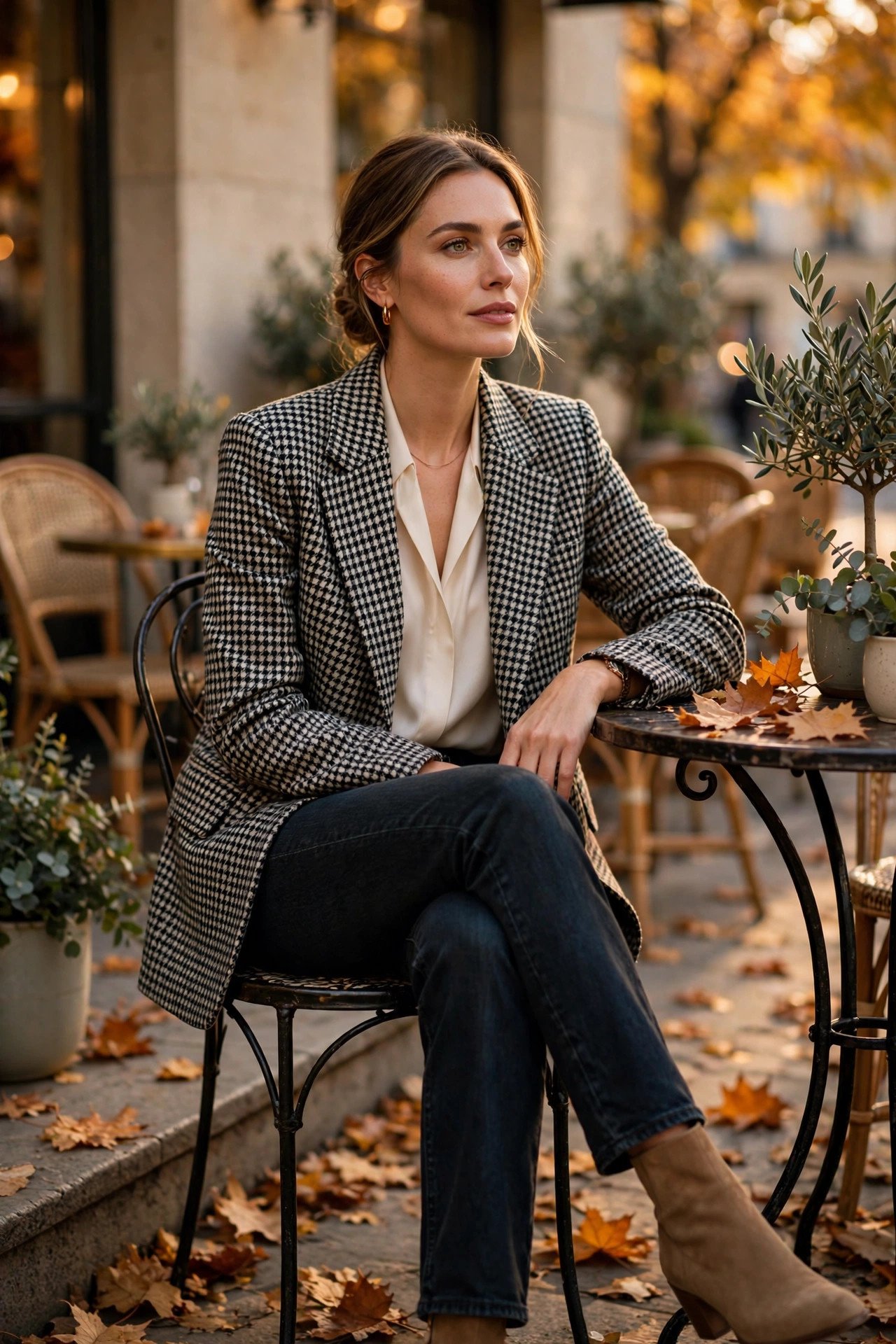 Houndstooth wool blazer over cream silk blouse