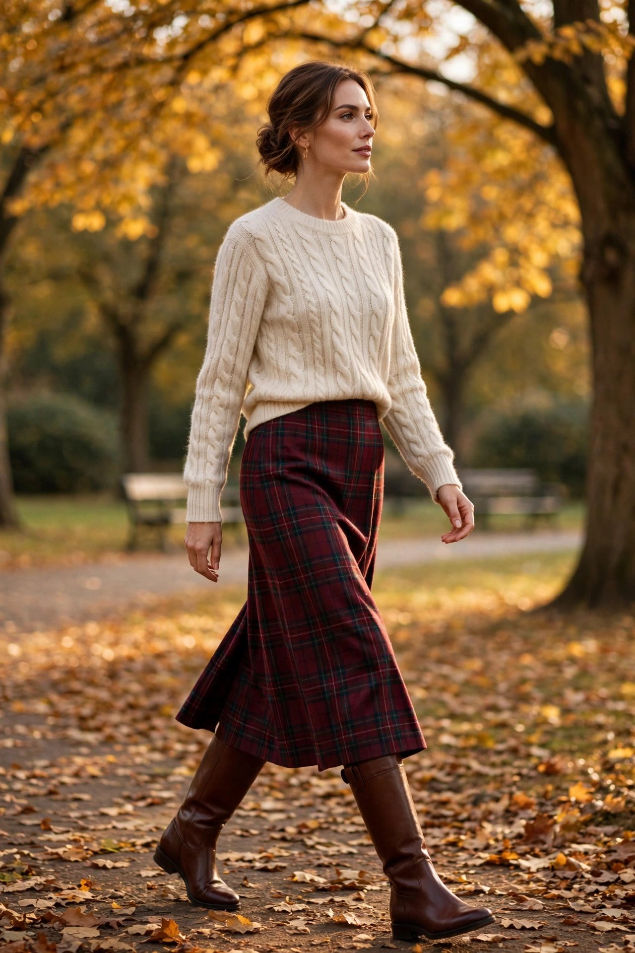 Cream cable-knit cashmere sweater with burgundy plaid midi skirt