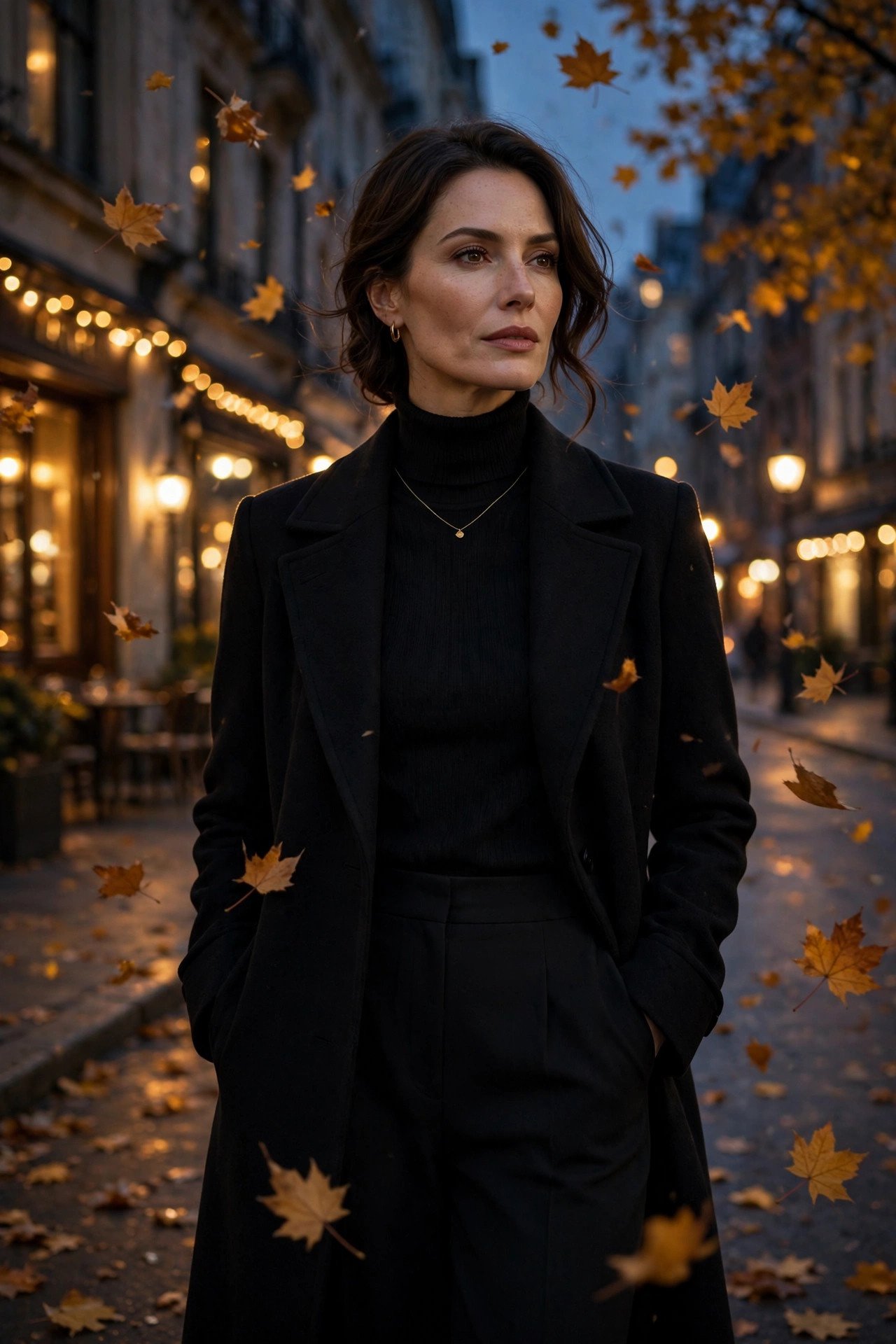 All-black elegant fall outfit with wool coat and gold necklace