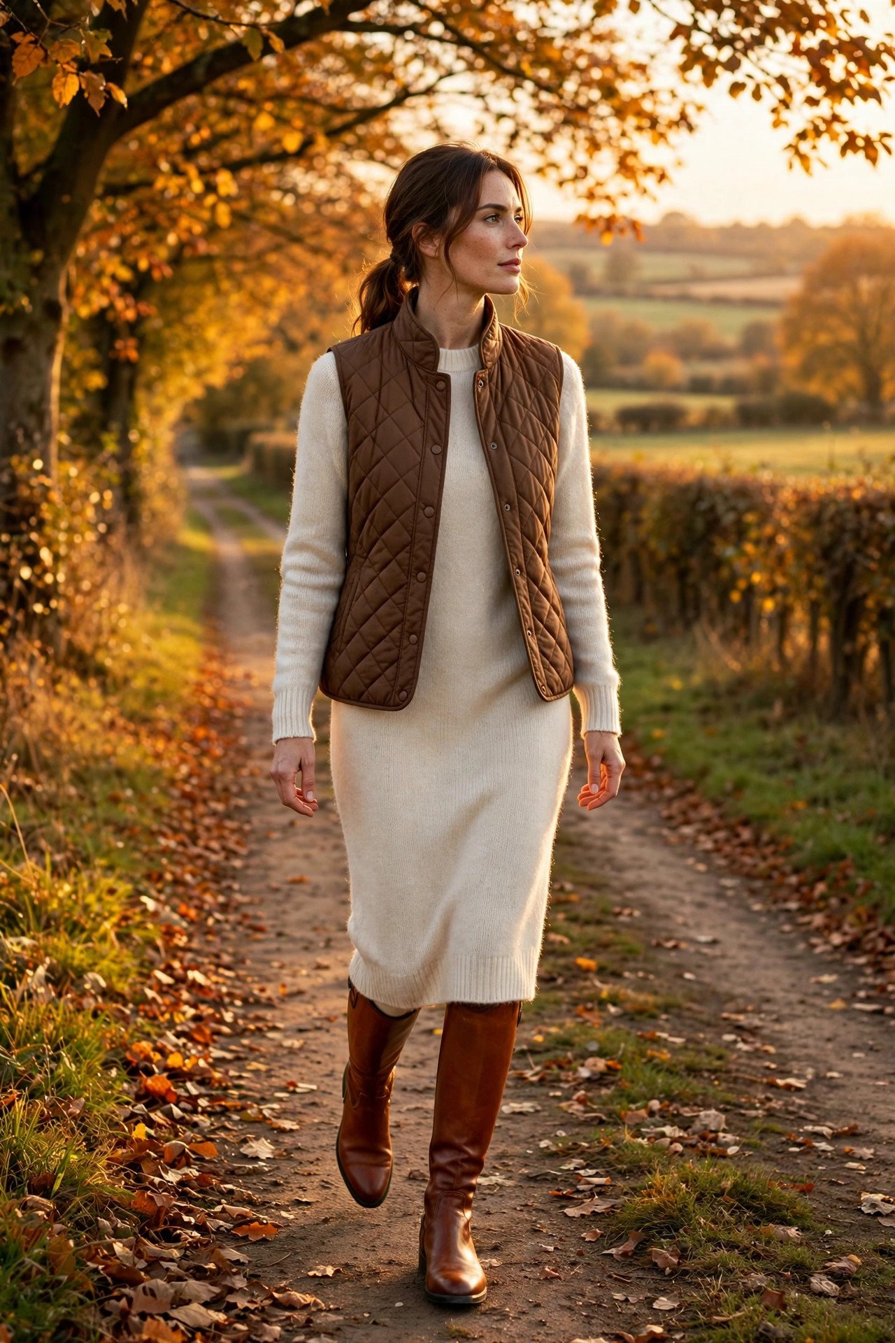 Equestrian chic outfit with quilted vest and cognac riding boots
