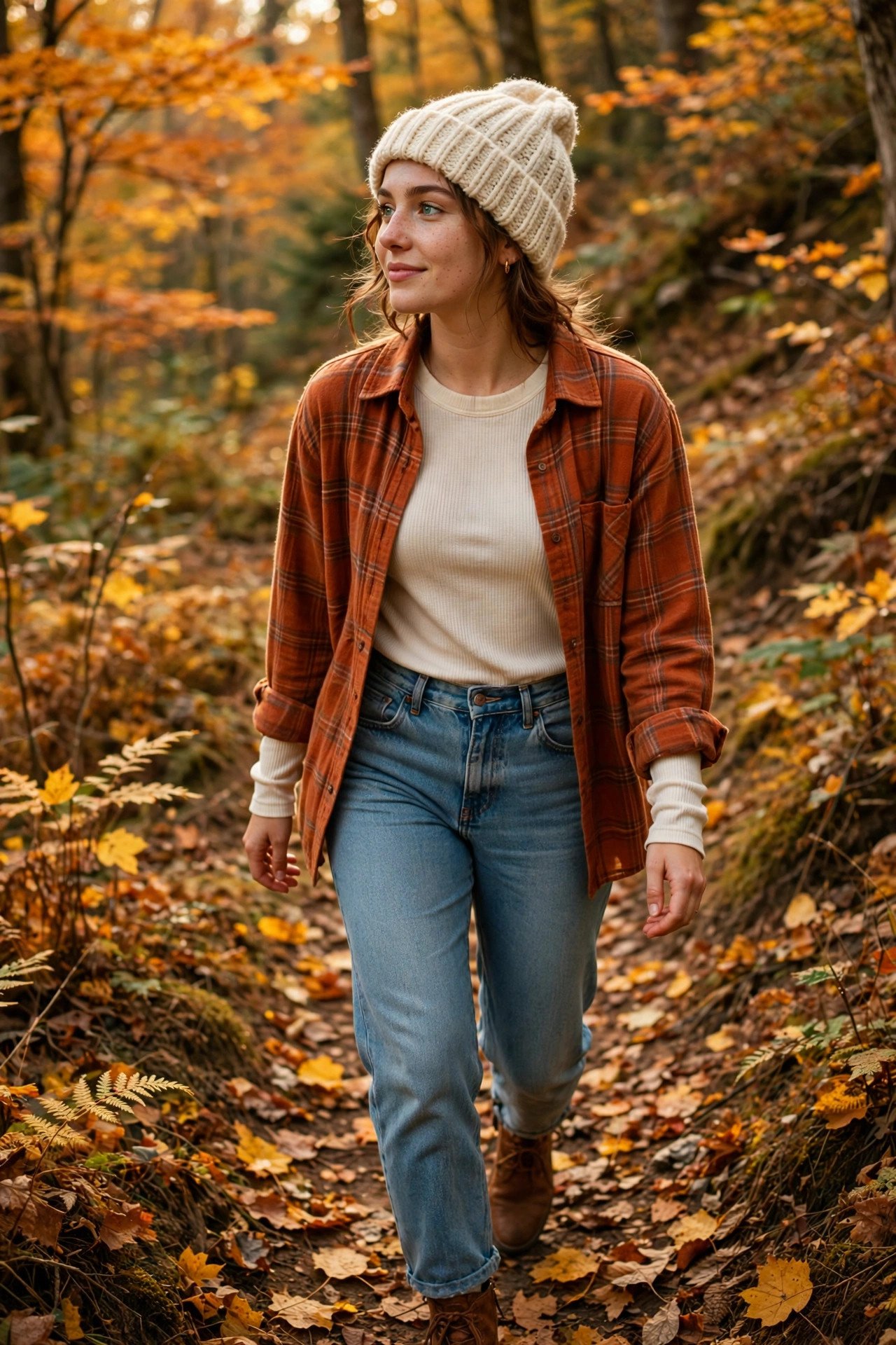 Rust-orange plaid flannel shirt layered over cream thermal