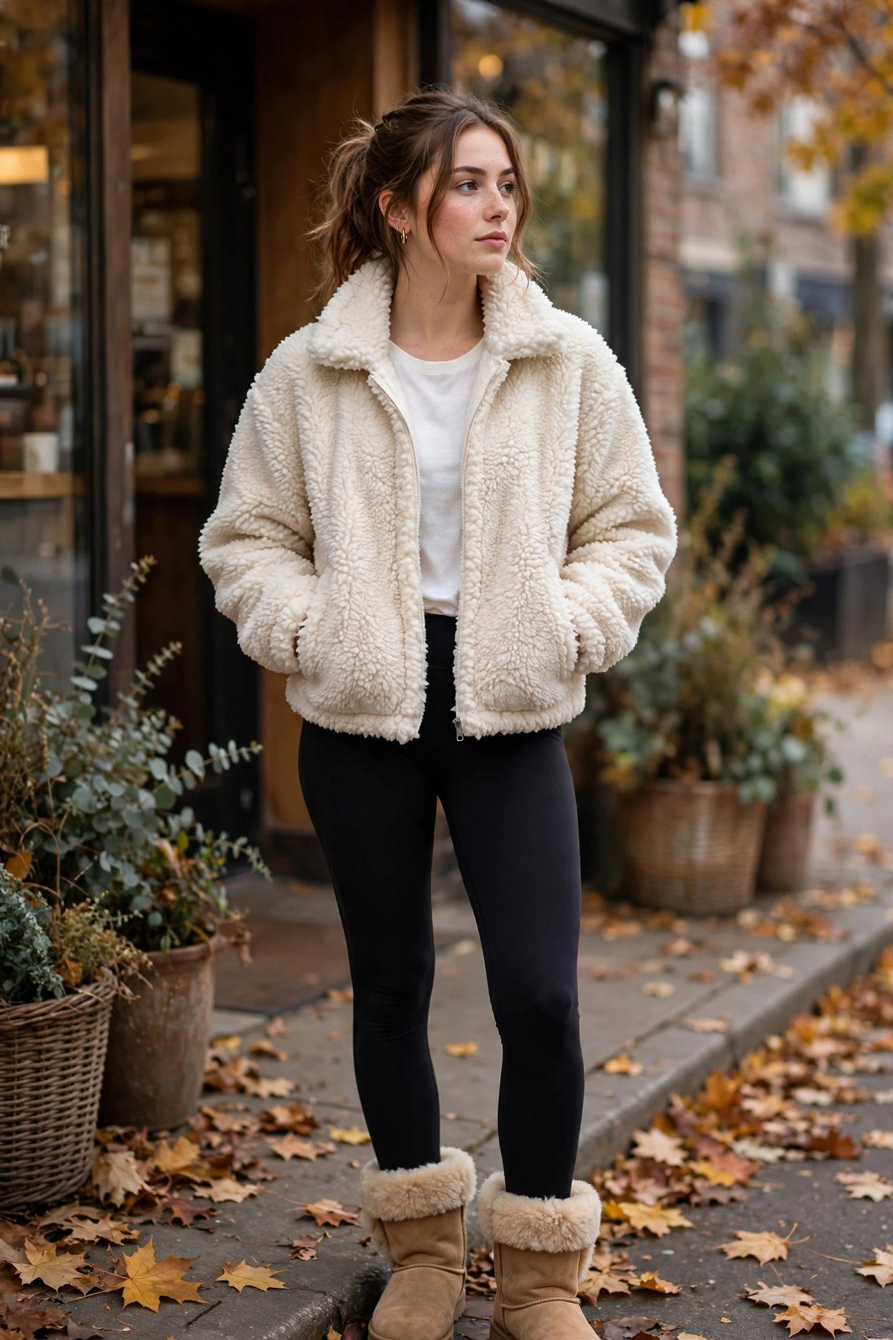 Cream teddy fleece jacket with white tee and black leggings