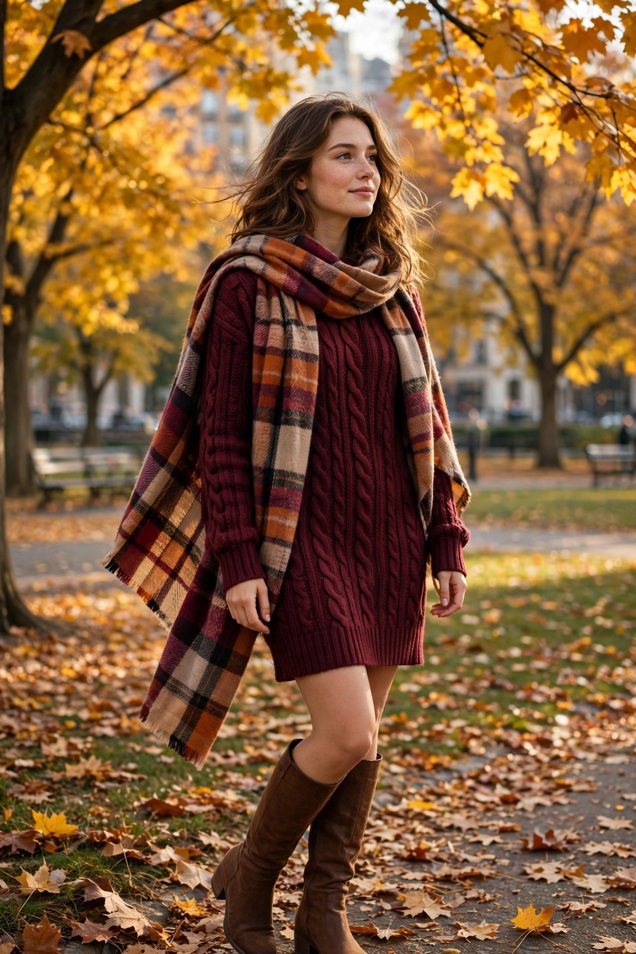 Burgundy knit sweater dress with oversized plaid scarf