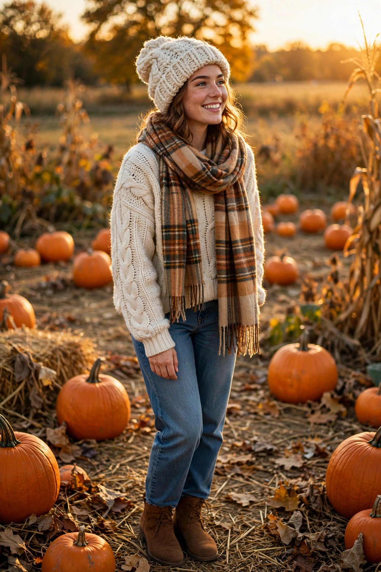 Chunky knit beanie with plaid scarf and boots
